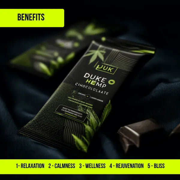 Duke Hemp bhang chocolate benefits infographic showing relaxation calmness wellness and bliss