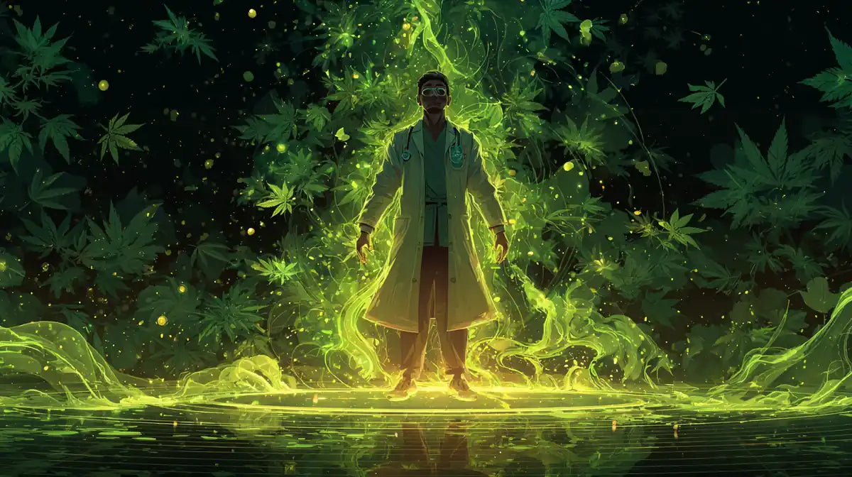 Luxury Ayurvedic wellness expert illustration with neon herbal energy and traditional holistic wellness aesthetic