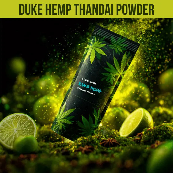 Premium Duke Hemp Bhang Thandai Powder with traditional herbal ingredients and royal neon lime aesthetic