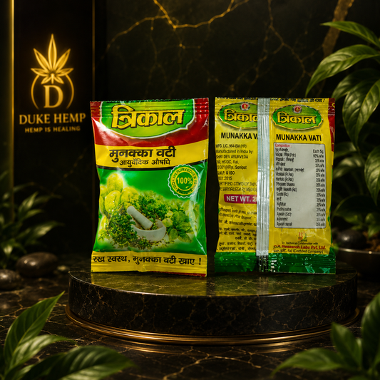 Premium Trikal Munakka Vati Bhang Goli inspired by traditional Indian bhang heritage, presented in Duke Hemp's luxury wellness aesthetic.
