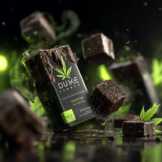 Ultra realistic Duke Hemp bhang chocolate cubes with premium cannabis wellness packaging