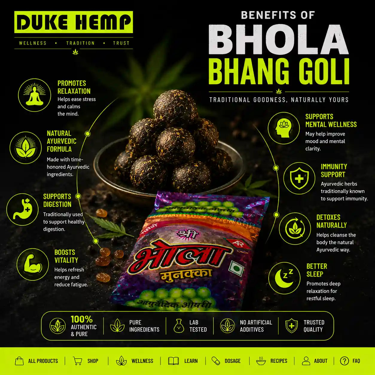 benefits.webp
Benefits of Duke Hemp Bhola Bhang Goli made with traditional Ayurvedic ingredients for digestive wellness, relaxation and overall well-being.