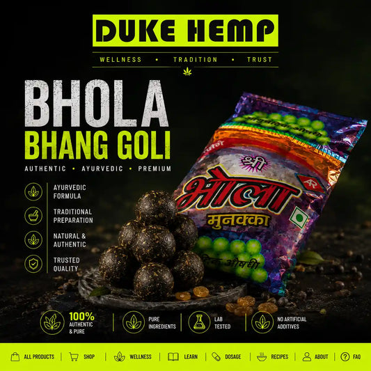 Duke Hemp Bhola Bhang Goli Ayurvedic Munakka Goli for traditional digestive wellness, relaxation and authentic herbal ingredients.