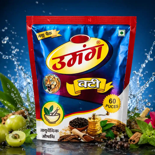 Premium Umang Vati Ayurvedic stand-up pouch with authentic Hindi branding, herbal ingredients, amla, spices, and dynamic water splash background.